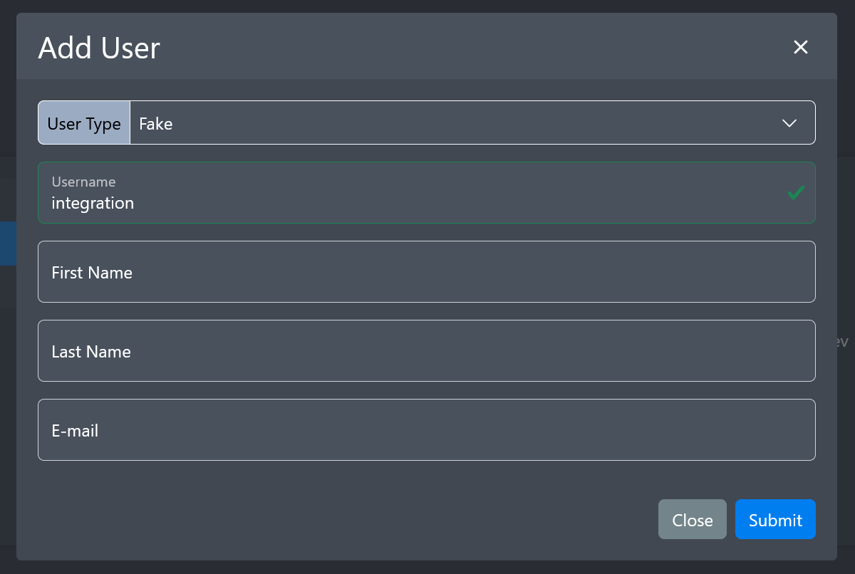Image of the add fake user modal