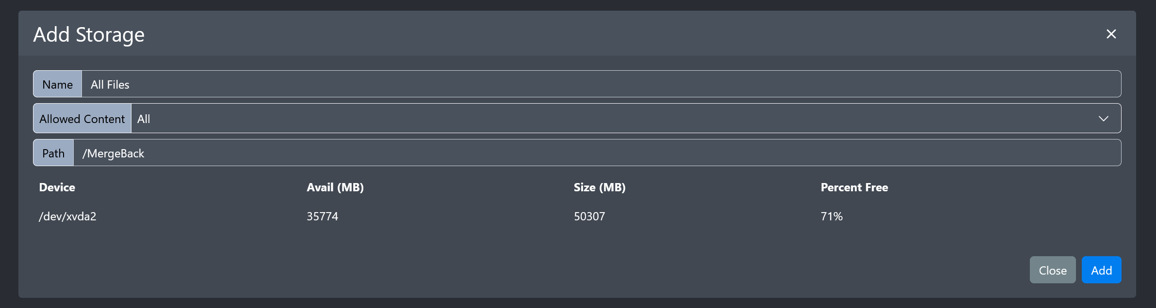 Image of the add storage volume modal