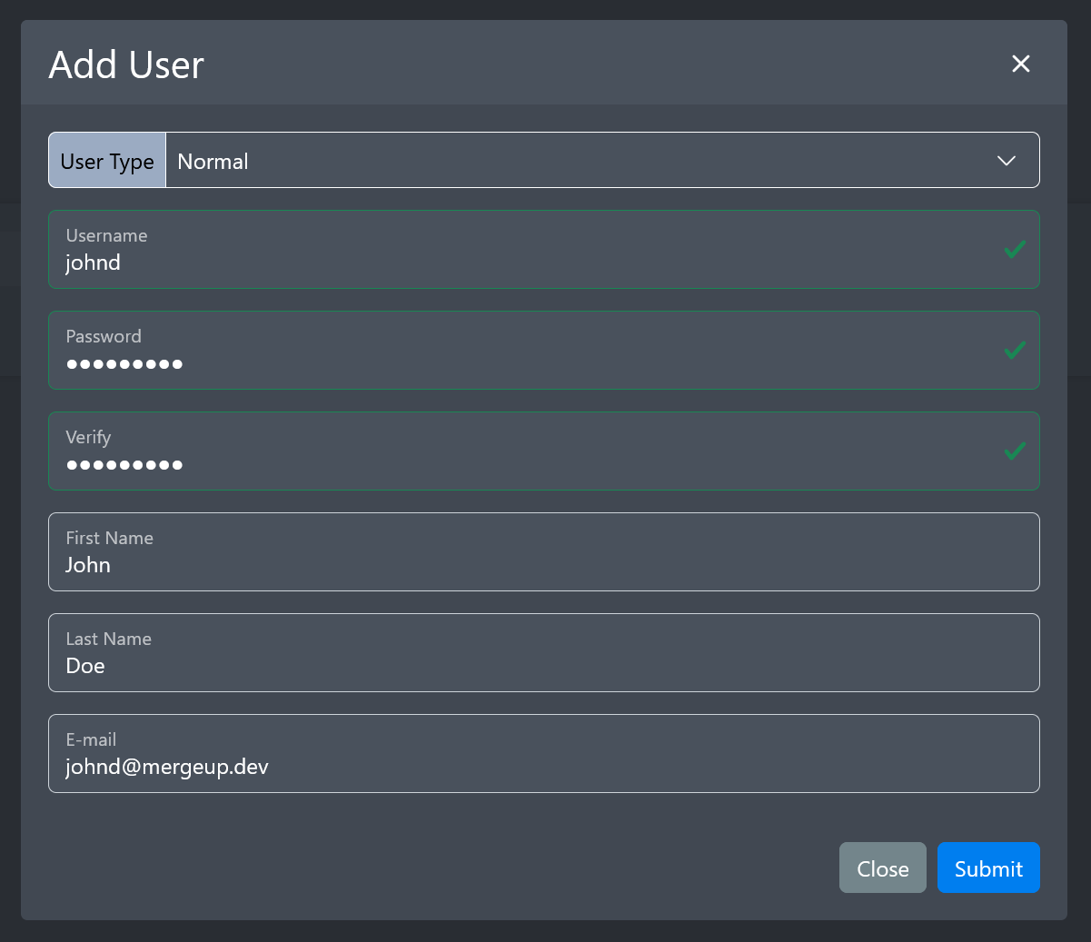 Image of the add user modal
