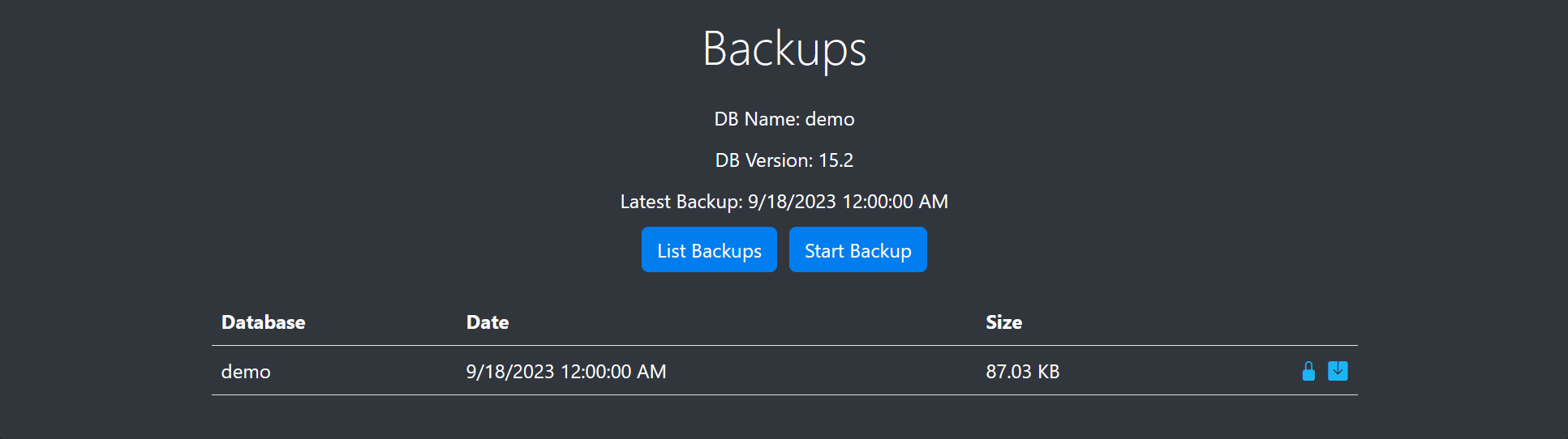 Image of list of database backups