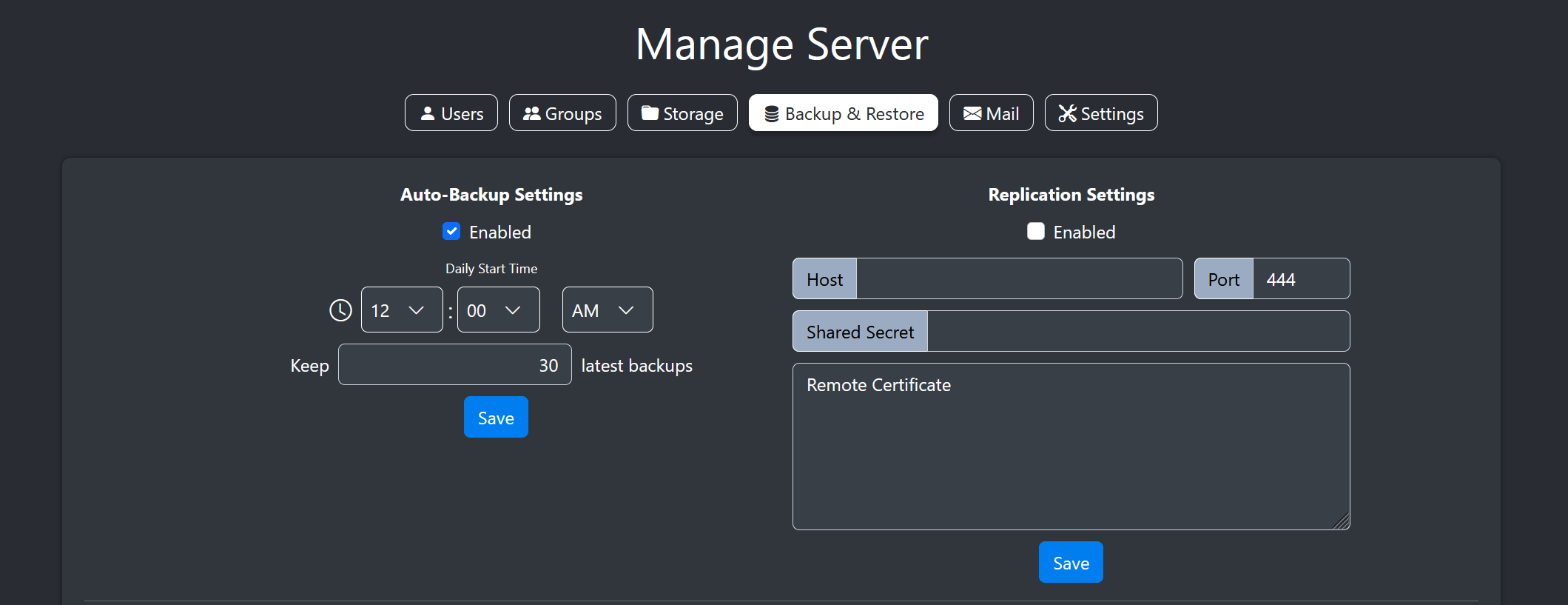 Image of database backup and replication settings