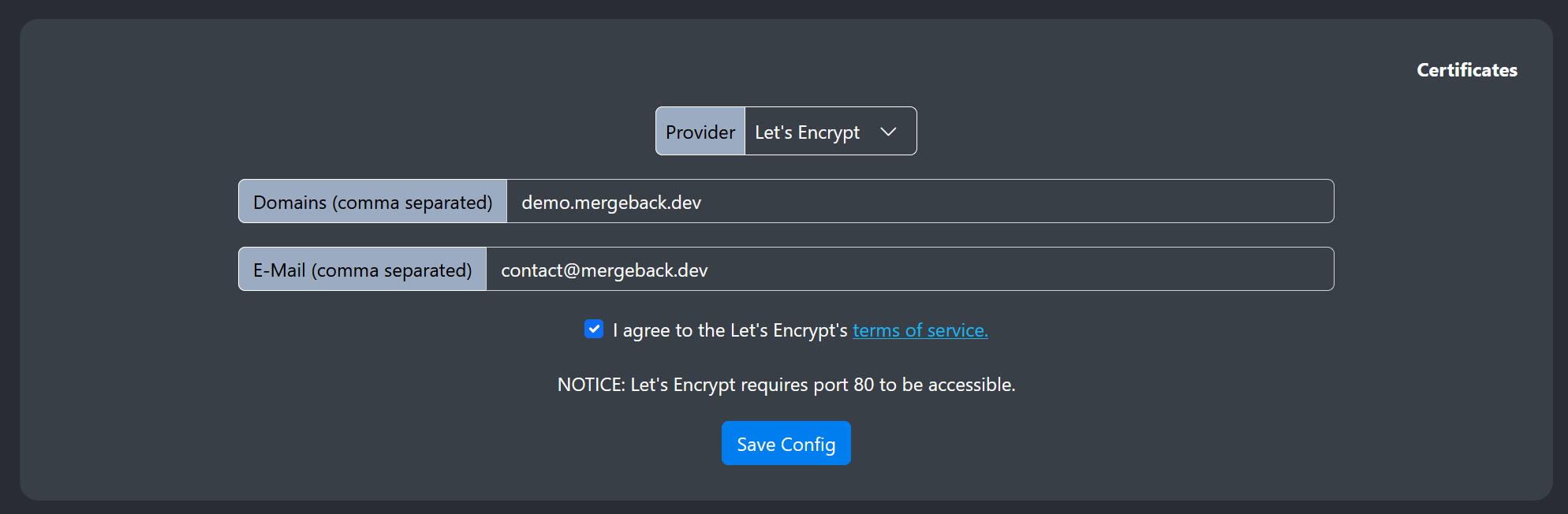 Image of Let's Encrypt certificate configuration
