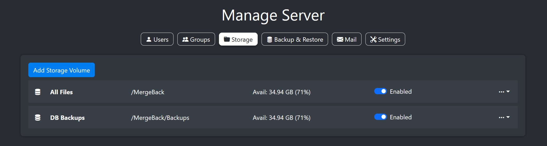 Image of the storage volume management screen
