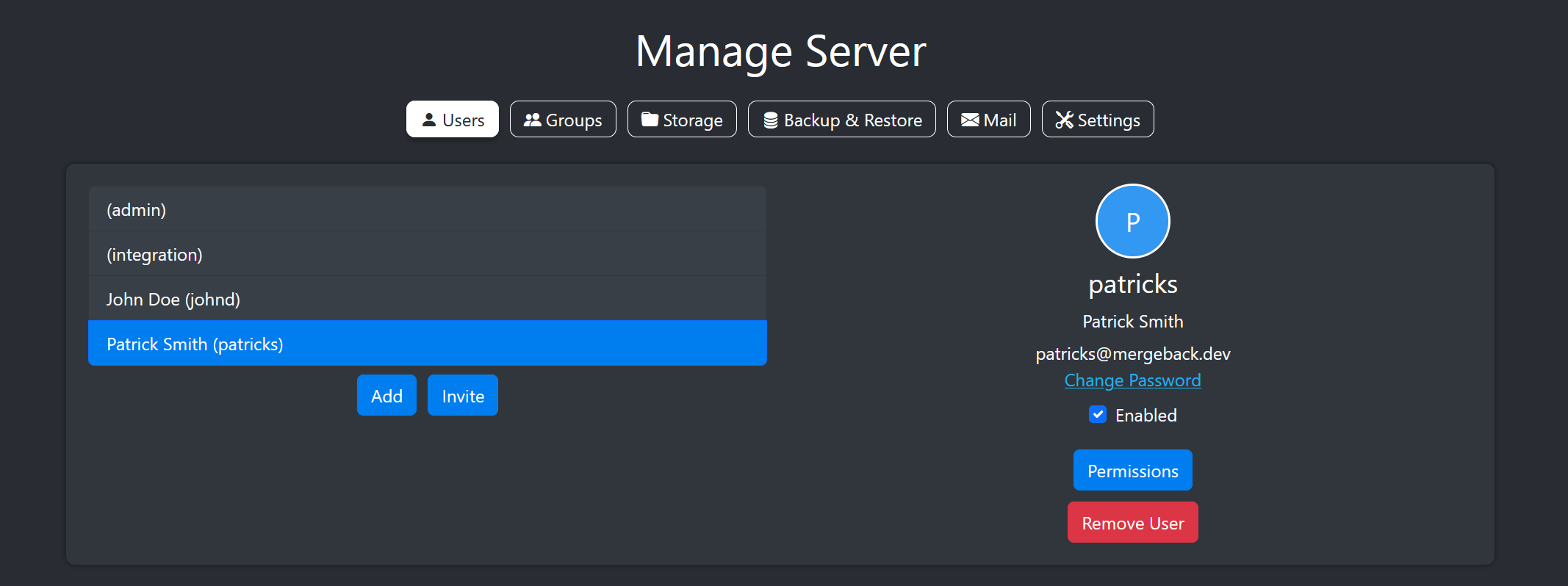 Image of the user management screen