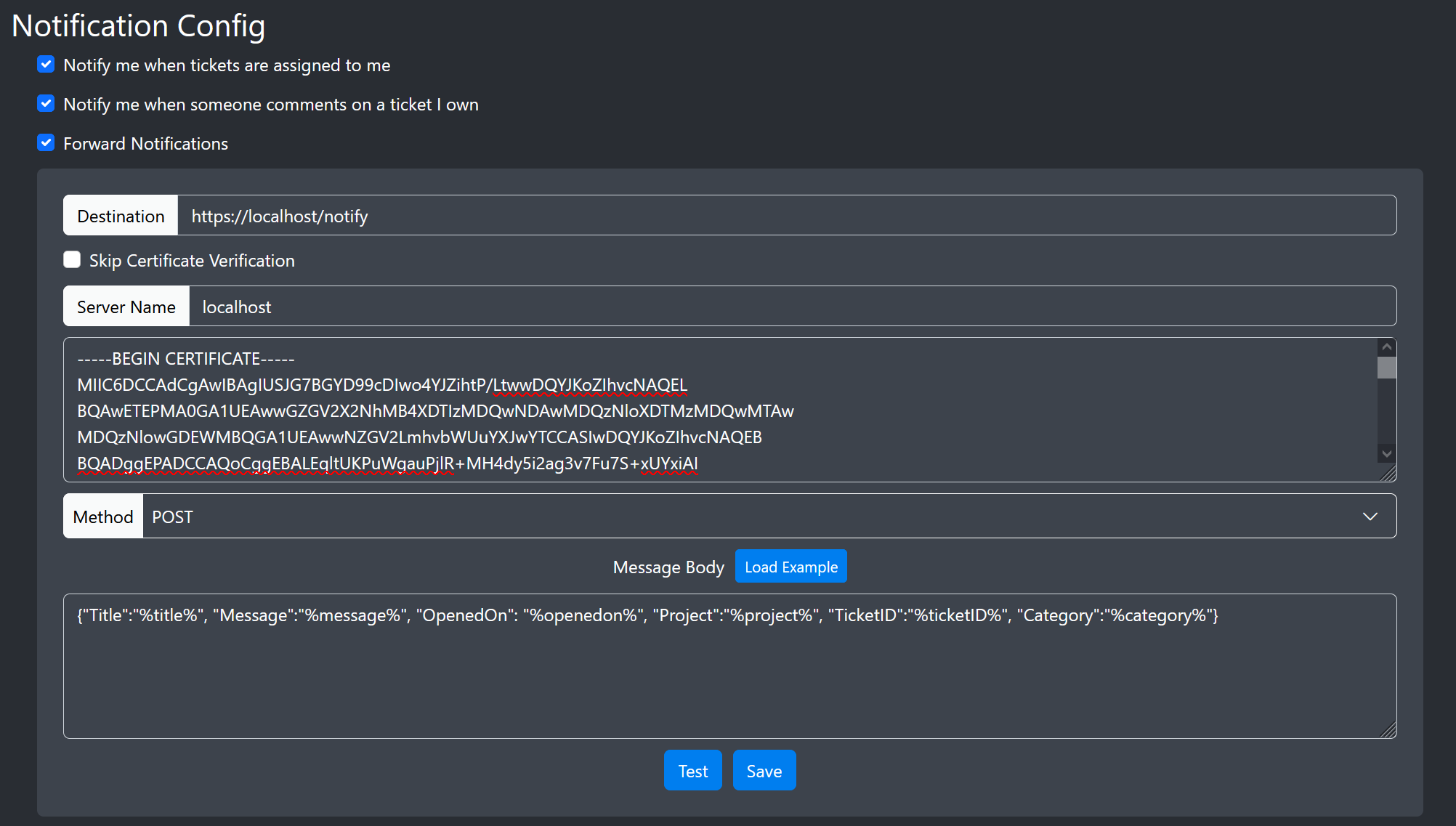 Image of the notification forwarding configuration