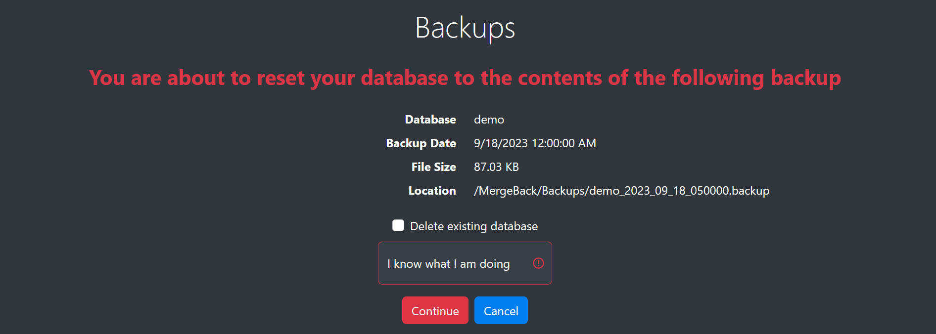 Image of restoring from a database backup